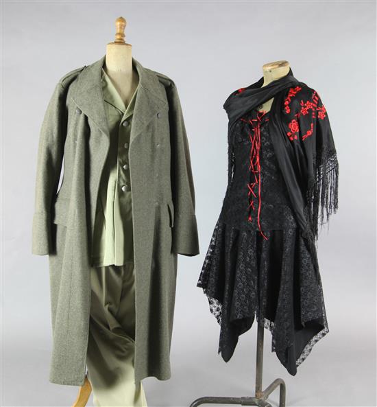 Centerentola and Carmen: A rail of silver and gold thread embroidered multi-coloured costume bodices, striped